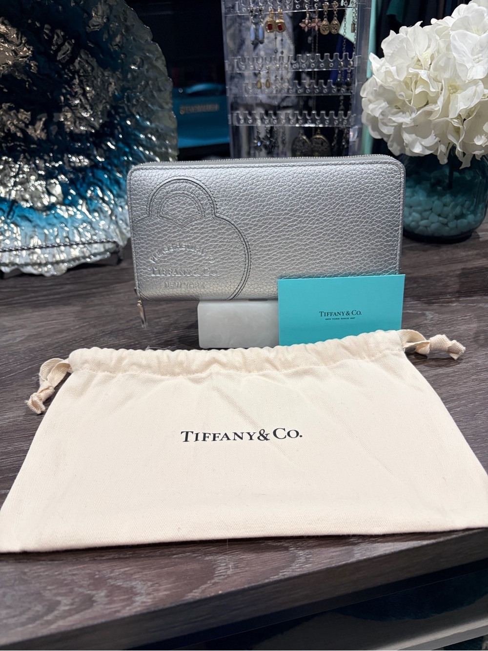 Tiffany & Co. Metallic Silver Zip-Around Pebbled Leather Wallet